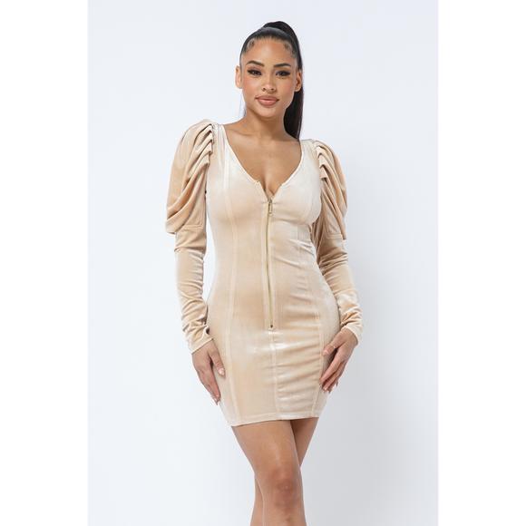 Rachell`s Boutique Dresses & Skirts - Soft Velvet Pleated Puff Sleeve Low V Neck Front And Back Mini Dress